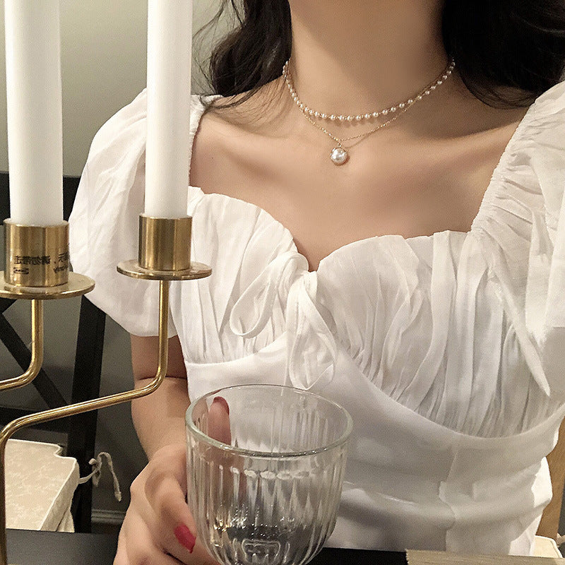 Sumeng New Fashion Kpop Pearl Choker Necklace Cute Double Layer Chain Pendant For Women Jewelry Girl Gift